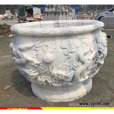 石雕魚缸加工 漢白玉仿古魚缸 九龍壁浮雕魚缸 曲陽石雕仿古